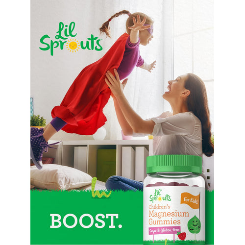 View 6 A smiling woman lifts a young girl in a red cape and purple mask as if flying. Lil Sprouts Children's Magnesium Gummies bottle.