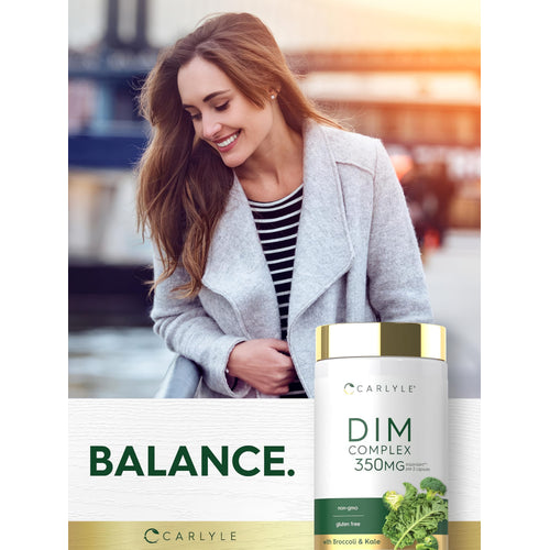 View 6 Young woman smiling outdoors next to a Carlyle DIM Complex supplement bottle.