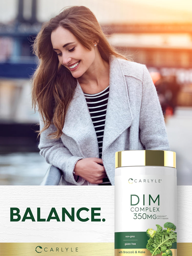 Young woman smiling outdoors next to a Carlyle DIM Complex supplement bottle.