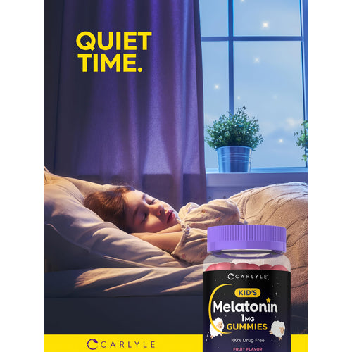 View 6 Young girl sleeps soundly in bed with 'QUIET TIME.' text beside a Carlyle Kid's Melatonin Gummies bottle.