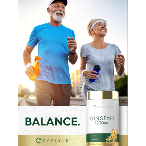 View 6 Senior man and woman jogging outdoors with water bottles, alongside a Carlyle Ginseng bottle.