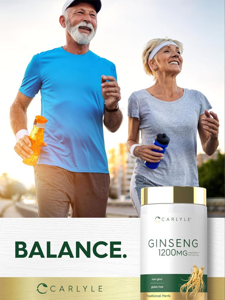 Senior man and woman jogging outdoors with water bottles, alongside a Carlyle Ginseng bottle.