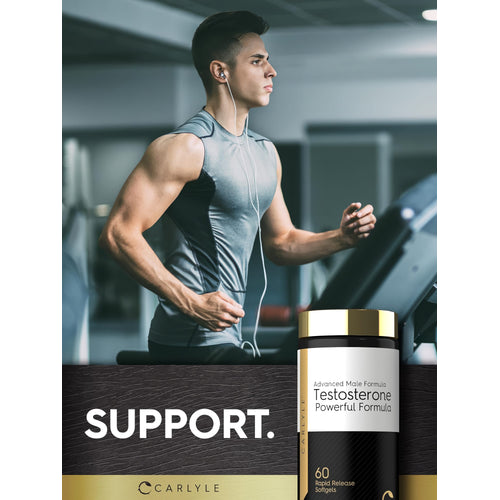 View 6 A young man jogs on a treadmill while holding a bottle of Carlyle Testosterone.