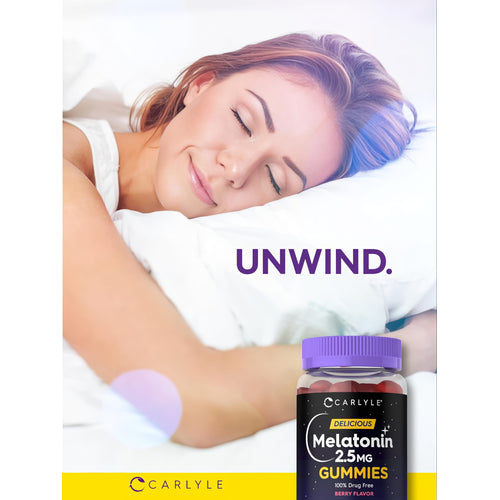 View 6 Carlyle Delicious Melatonin 2.5MG Gummies bottle, 100% drug-free, berry flavor, offers natural sleep support.