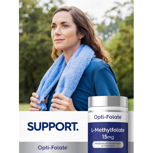 View 6 Middle-aged woman outdoors with a towel around her neck next to Opti-Folate L-Methylfolate, showcasing an active lifestyle.