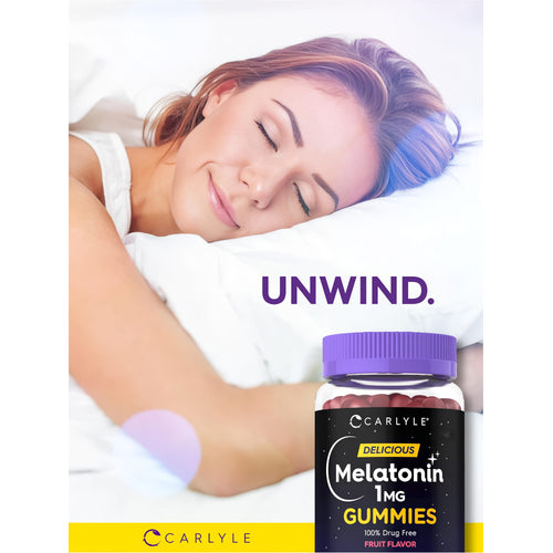 View 6 A young adult woman sleeps soundly in bed next to a bottle of Carlyle Melatonin 1mg Gummies.