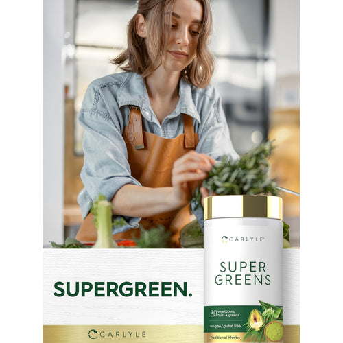 View 6 Carlyle Super Greens bottle featuring '30 vegetables, fruits & greens', 'non-gmo / gluten free', and 'Traditional Herbs'.