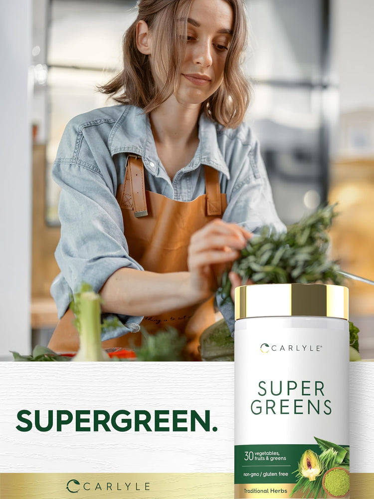 Carlyle Super Greens bottle featuring '30 vegetables, fruits & greens', 'non-gmo / gluten free', and 'Traditional Herbs'.