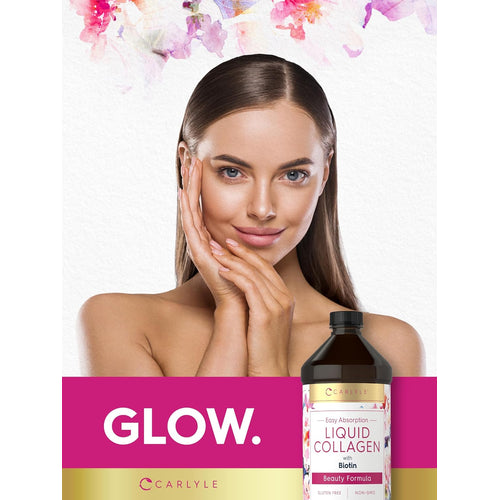 View 6 A young woman touches her face while posing next to a bottle of Carlyle Liquid Collagen.