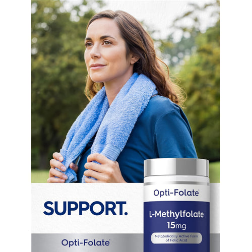View 6 Woman outdoors with a towel around her neck beside a bottle of L-Methylfolate.