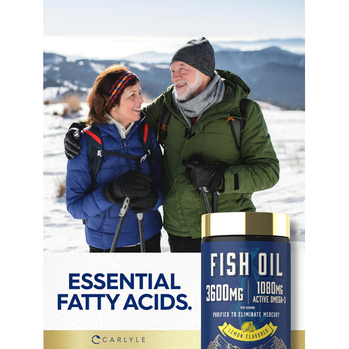 View 6 An elderly couple hikes in snowy mountains, carrying a Fish Oil bottle.