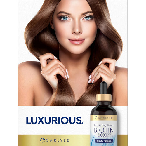 View 6 Young woman holds her long, shiny brown hair and a Carlyle Biotin 5,000 mcg liquid bottle. Text reads: LUXURIOUS.