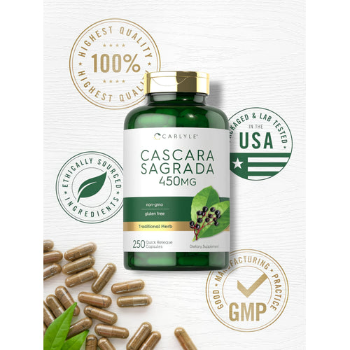 View 6 Cascara Sagrada bottle with icons indicating 100% quality, USA lab tested, ethically sourced, GMP certified, non-GMO, gluten-free.
