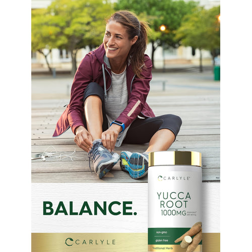 View 6 A woman in the outdoors smiles while tying her shoelaces on a deck, next to a Carlyle Yucca Root bottle.