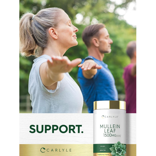 View 6 Middle-aged adults practice yoga outdoors near a Carlyle Mullein Leaf supplement bottle.