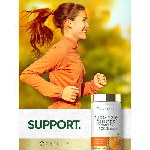 View 6 A young woman jogging outdoors next to a Carlyle Turmeric Ginger Complex bottle.