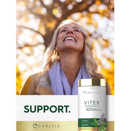 View 6 A middle-aged blonde woman smiling, looking up outdoors, next to a Carlyle Vitex Chasteberry bottle.