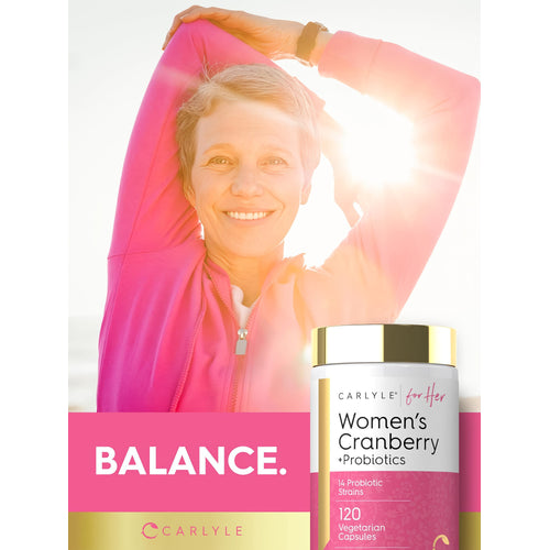 View 6 An older woman stretches outdoors next to a bottle of Women's Cranberry + Probiotics.