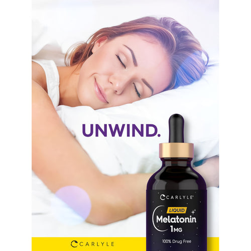 View 6 A woman sleeps peacefully beside a Carlyle Melatonin Liquid bottle, emphasizing sleep aid benefits.