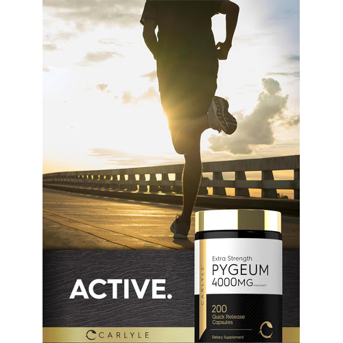 View 6 An adult running on a bridge at sunset holding a Pygeum bottle, highlighting an active lifestyle.