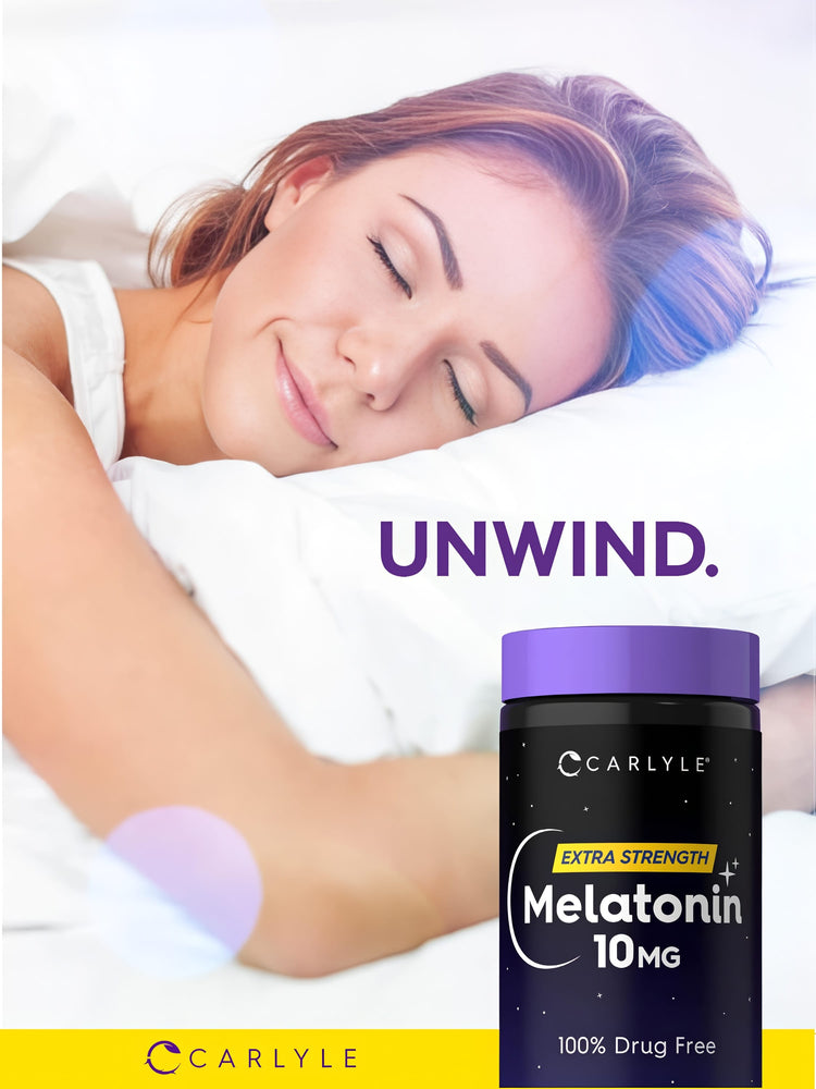A young woman sleeps peacefully in bed next to a bottle of Carlyle Melatonin 10 MG.