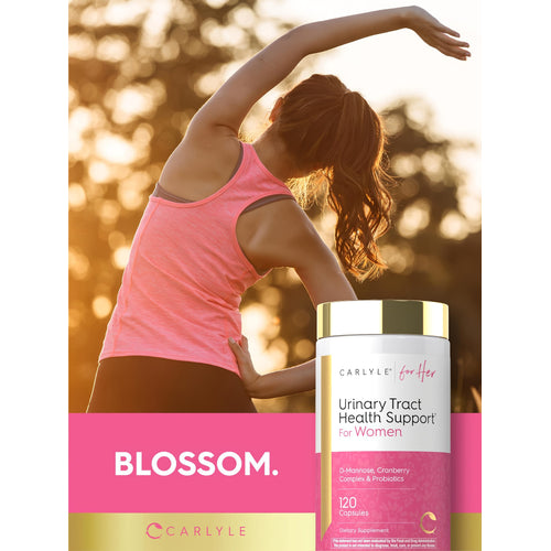 View 6 Woman stretching outdoors beside a Carlyle Urinary Tract Health supplement bottle.