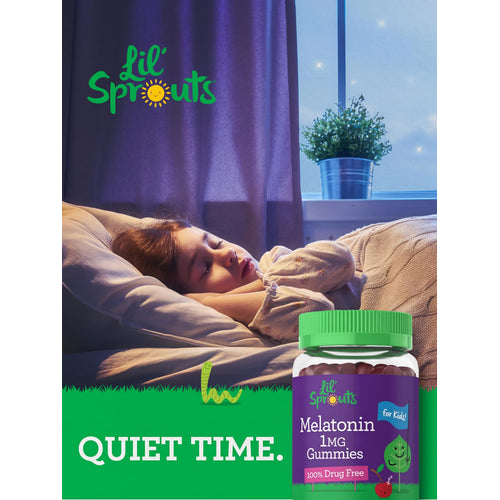 View 6 A young child sleeps in bed at night with a bottle of Lil' Sprouts Melatonin Gummies beside them.