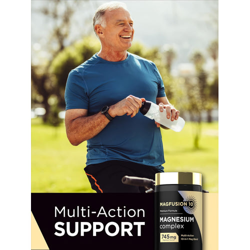 View 6 Senior man smiling outdoors, holding a water bottle, next to a bicycle and a Magfusion 10 Magnesium Complex bottle.
