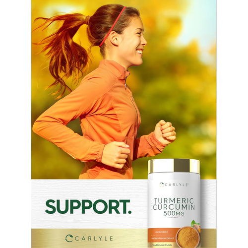 View 6 A young woman running outside, smiling, with a Carlyle Turmeric Curcumin bottle in the foreground.
