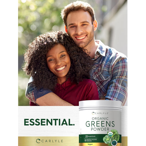 View 6 Young man and woman smiling while holding Carlyle Organic Greens Powder.
