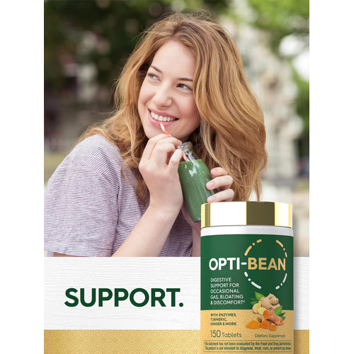 View 6 Young woman smiles while drinking from a green bottle with a straw, next to an Opti-Bean supplement bottle.