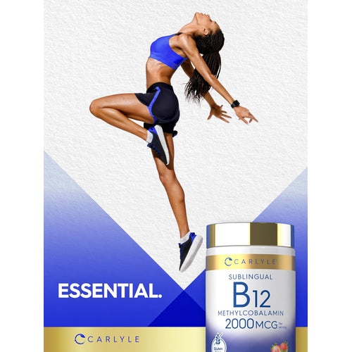 View 6 A woman in athletic wear energetically jumps next to a Carlyle B12 Methylcobalamin supplement bottle.