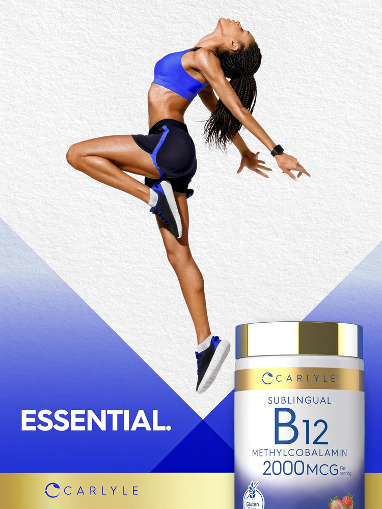 A woman in athletic wear energetically jumps next to a Carlyle B12 Methylcobalamin supplement bottle.