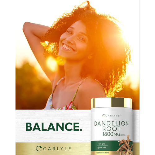 View 6 Carlyle Dandelion Root 1800 mg 300 Capsules bottle with 'BALANCE.' text, raw roots, non-GMO, gluten-free, traditional herb.