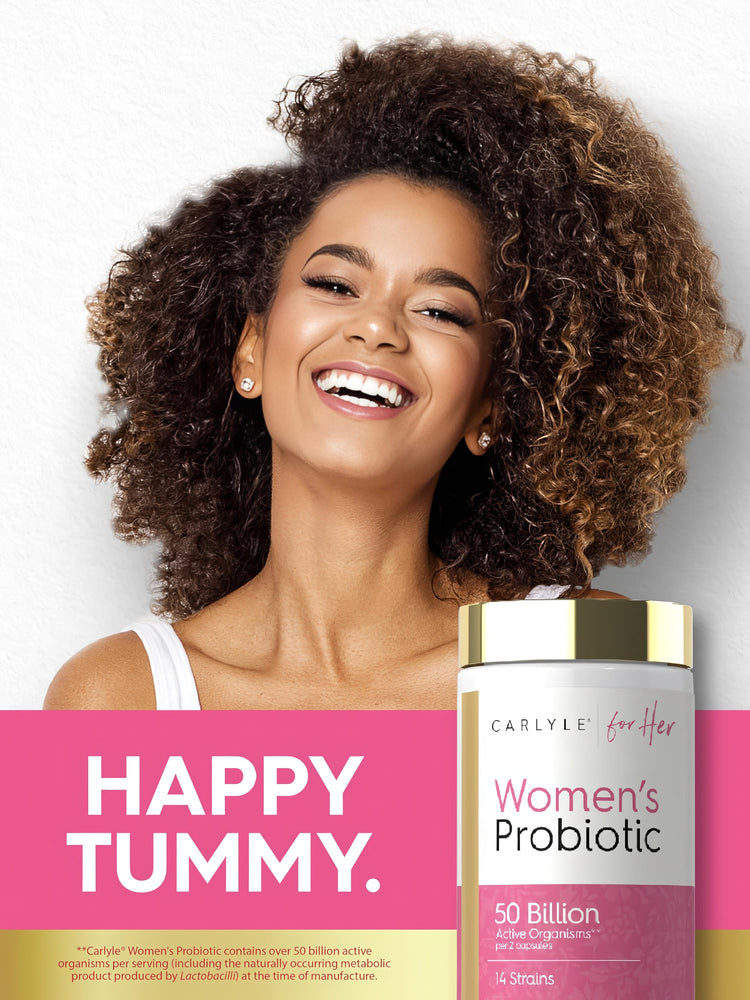 A smiling young woman next to a Carlyle Women's Probiotic bottle.
