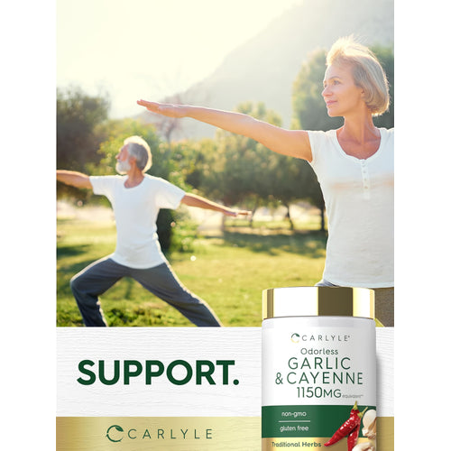 View 6 An elderly couple practices yoga outdoors beside a bottle of Carlyle Odorless Garlic & Cayenne.