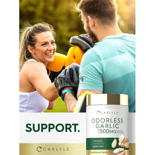 View 5 A smiling woman trains with a man using boxing pads beside Carlyle Odorless Garlic 1500 mg and the word 'SUPPORT'.