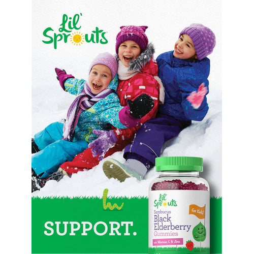 View 6 Three children smiling and playing in the snow with a Lil' Sprouts Black Elderberry Gummies bottle nearby.