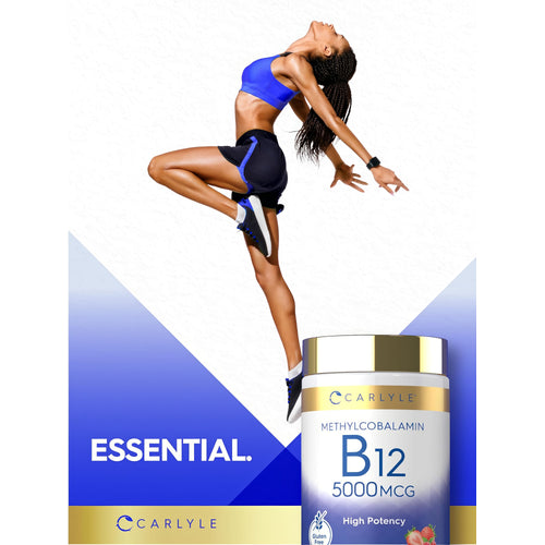 View 6 Young woman in athletic wear striking a dynamic pose next to a Carlyle Methylcobalamin B12 5000 mcg bottle.