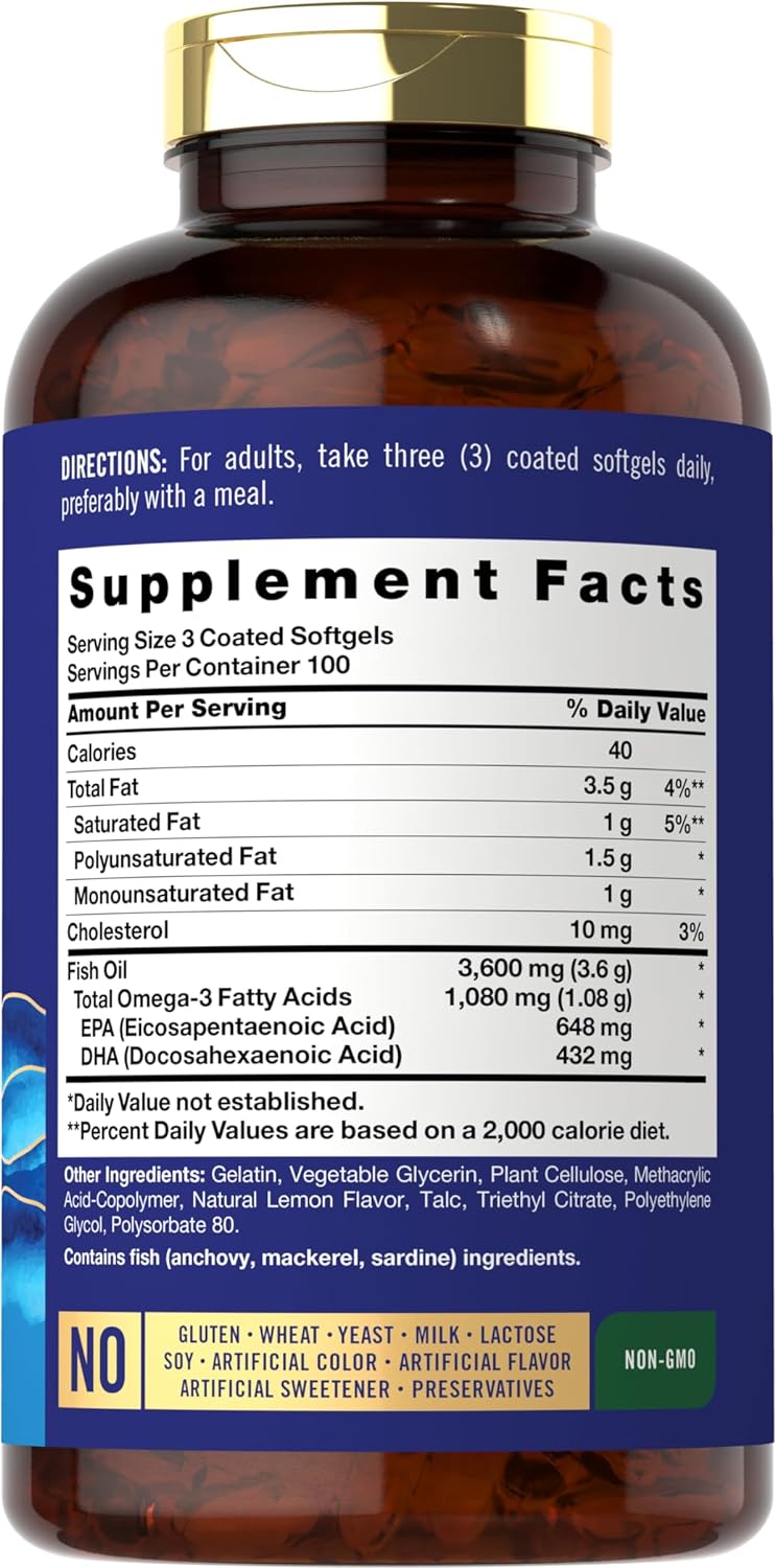 Aceite de Pescado Omega-3 3600 mg por porción | 300 Cápsulas Blandas