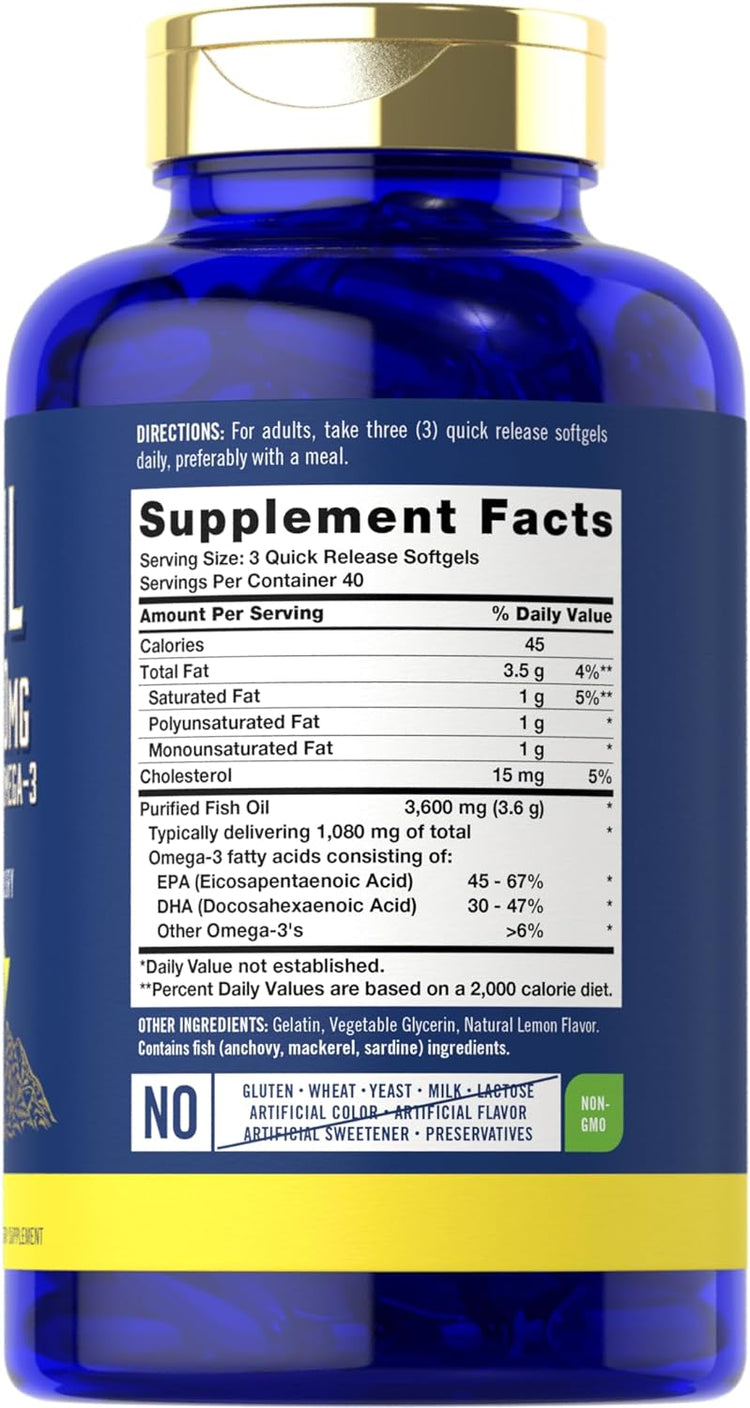 Fish Oil 3600mg with Omega-3 1080mg per serving | 120 Softgels