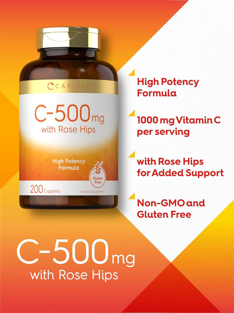 Vitamina C 500mg por porción con Escaramujos | 200 Tabletas