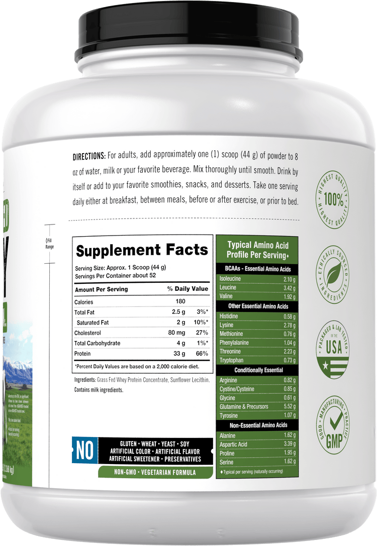 Back label / Supplement Facts and Typical Amino Acid Profile per Serving, with directions, ingredients, and quality badges.