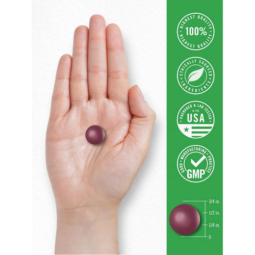 View 7 A maroon round gummy, about 1/2 inch in diameter, is resting in the palm of a hand.