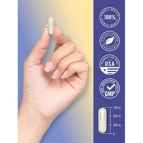 View 7 Infographic showcases 100% highest quality, ethically sourced ingredients; packaged, lab tested in USA, GMP, capsule size 7/8 inch.