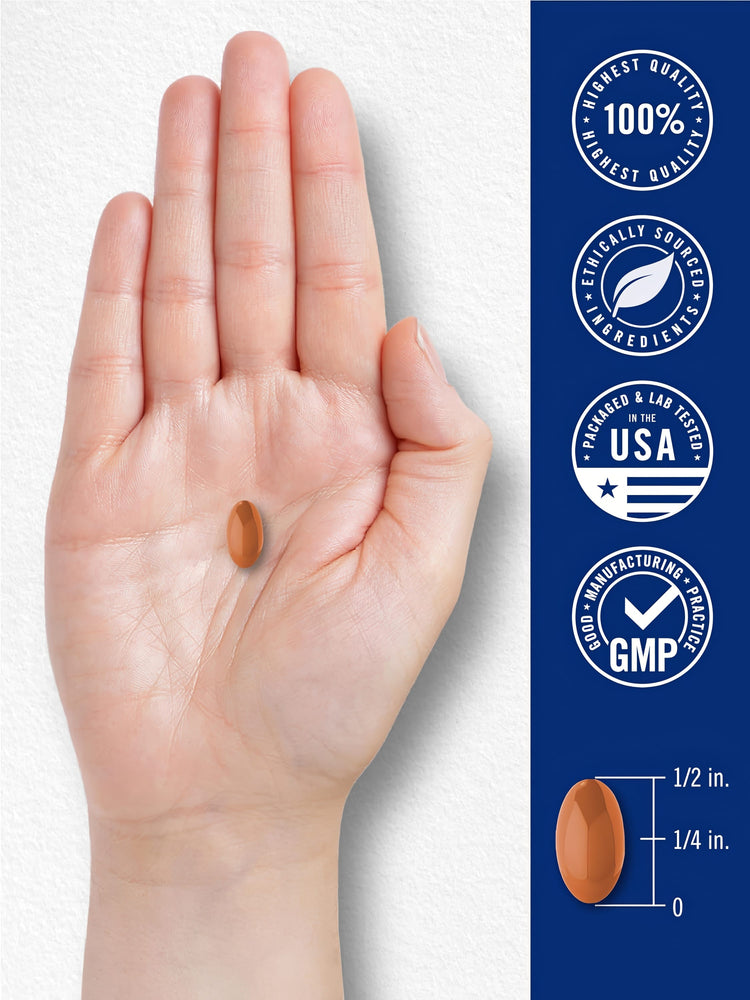 CoQ10 300 mg softgel, 1/2 in. long, 1/4 in. wide. HIGHEST QUALITY 100%, ETHICALLY SOURCED, PACKAGED & LAB TESTED IN THE USA, GMP.