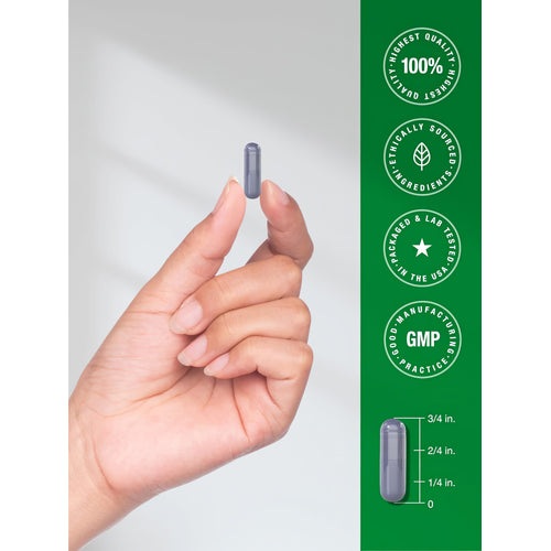 View 7 A purple capsule is held between fingers. An adjacent graphic shows the capsule measuring 3/4 inch in length.