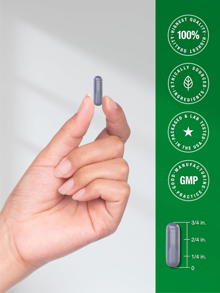 A purple capsule is held between fingers. An adjacent graphic shows the capsule measuring 3/4 inch in length.