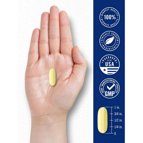 View 7 Carlyle Fish Oil 3000 mg softgel, 1 inch long, held in a hand.