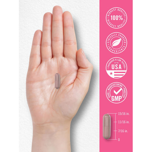 View 7 Infographic stating highest quality, ethically sourced, packaged, lab tested in USA, GMP certified, capsule size 15/16 in.